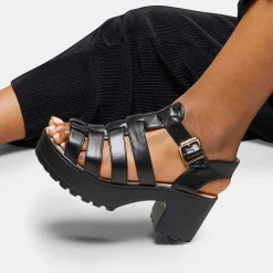 Black Chunky Platform Cleated Strappy Sandals