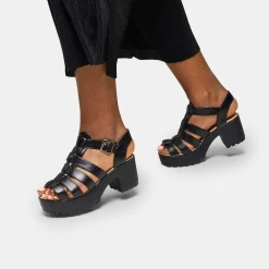 Black Chunky Platform Cleated Strappy Sandals