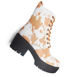 Clarabelle Brown Cow Print Switch Lace Up Boots