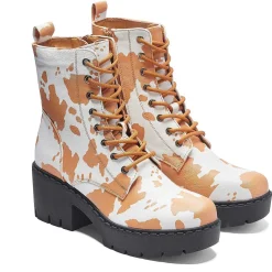 Clarabelle Brown Cow Print Switch Lace Up Boots