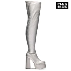 The Redemption Plus Size Thigh High Boots - Silver